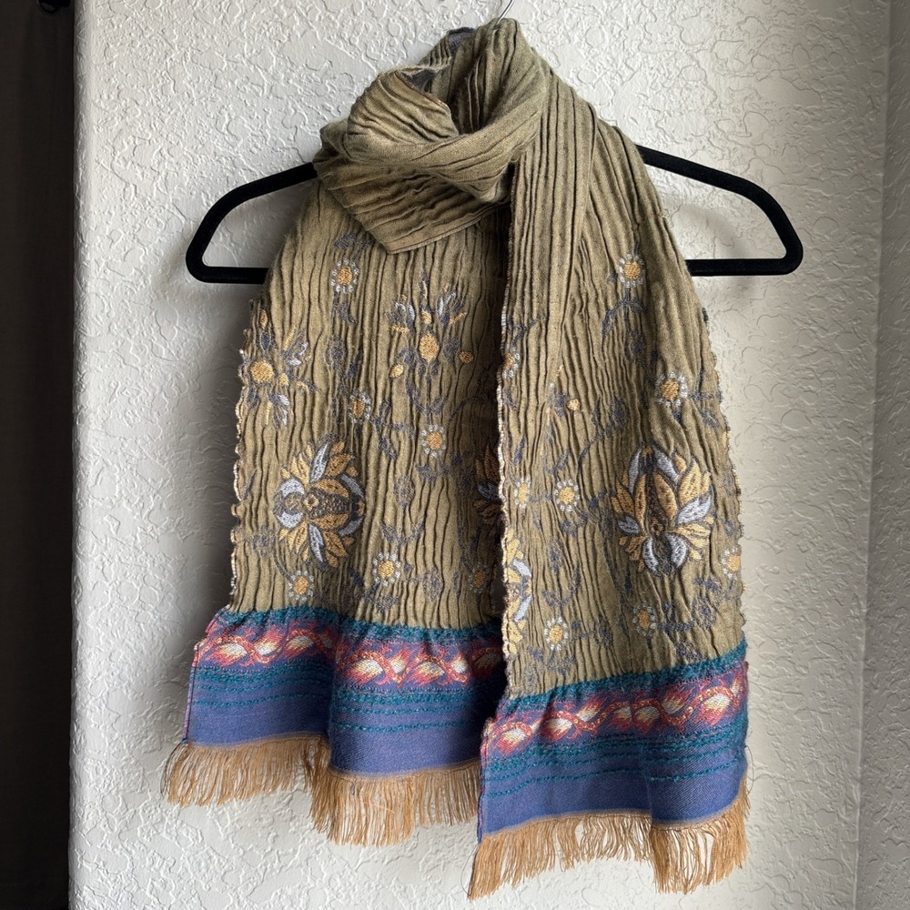 Boho Women Crinkle Scarf Y2K Olive Green Floral Embroidered Fringe Trim